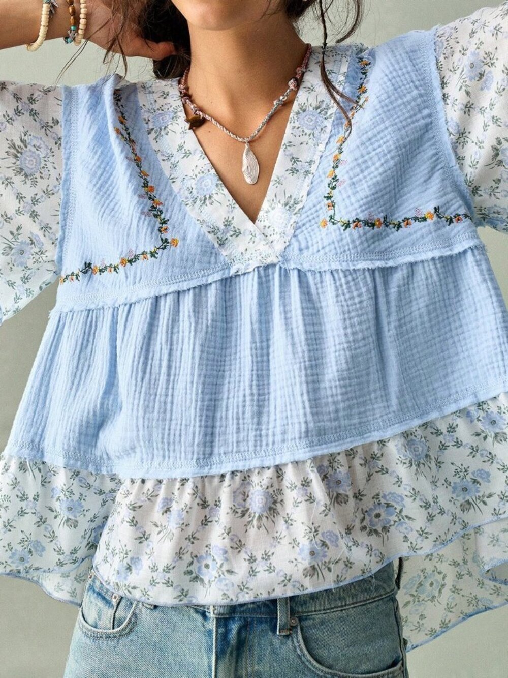 Blue Cute Women's Flower French V-Neck Blouse